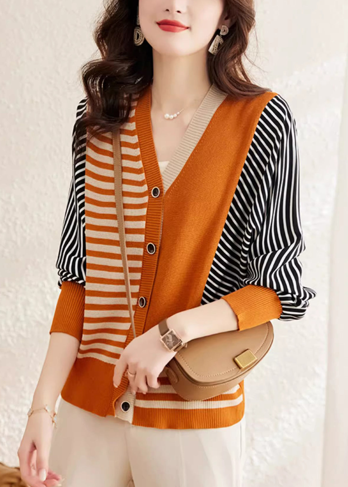 Orange V Neck Striped Button Woolen Sweater Spring