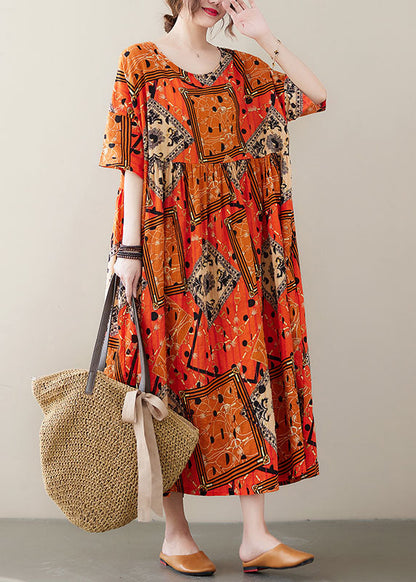 Orange Wrinkled Print Exra Large Hem Cotton Holiday Dress Short Sleeve
