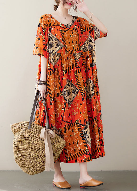 Orange Wrinkled Print Exra Large Hem Cotton Holiday Dress Short Sleeve