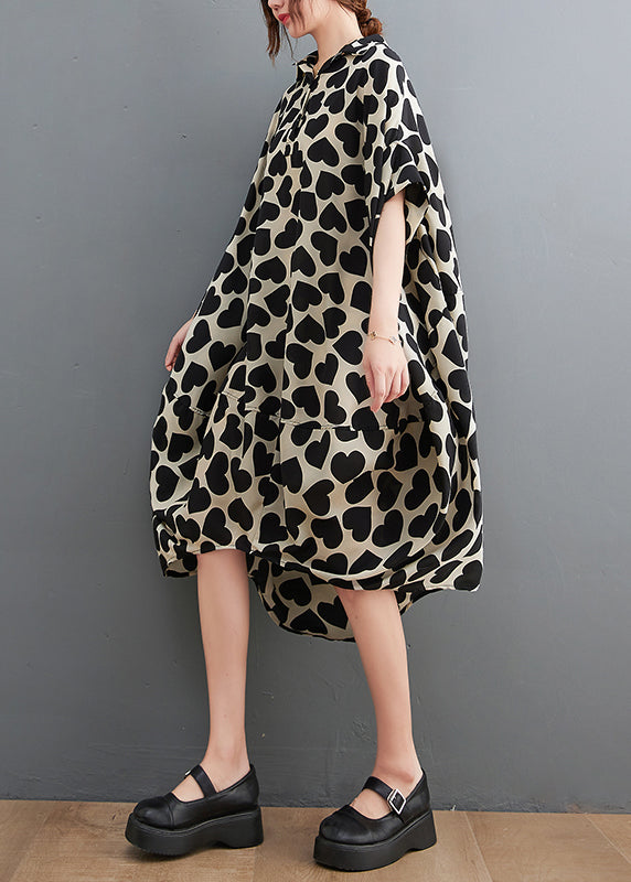 Peter Pan Collar Love Print Long Dresses Short Sleeve