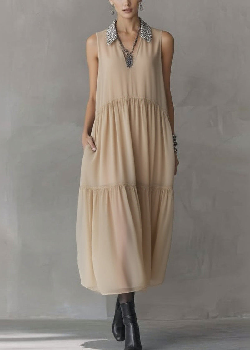 Peter Pan Collar Wrinkled Patchwork Chiffon Dress Sleeveless