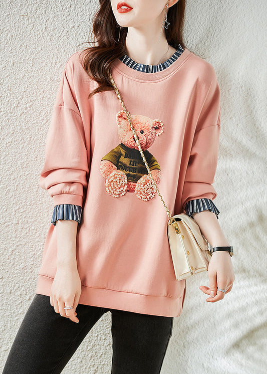 Pink Bear Patchwork Warm Fleece Sweatshirts Top Winter
