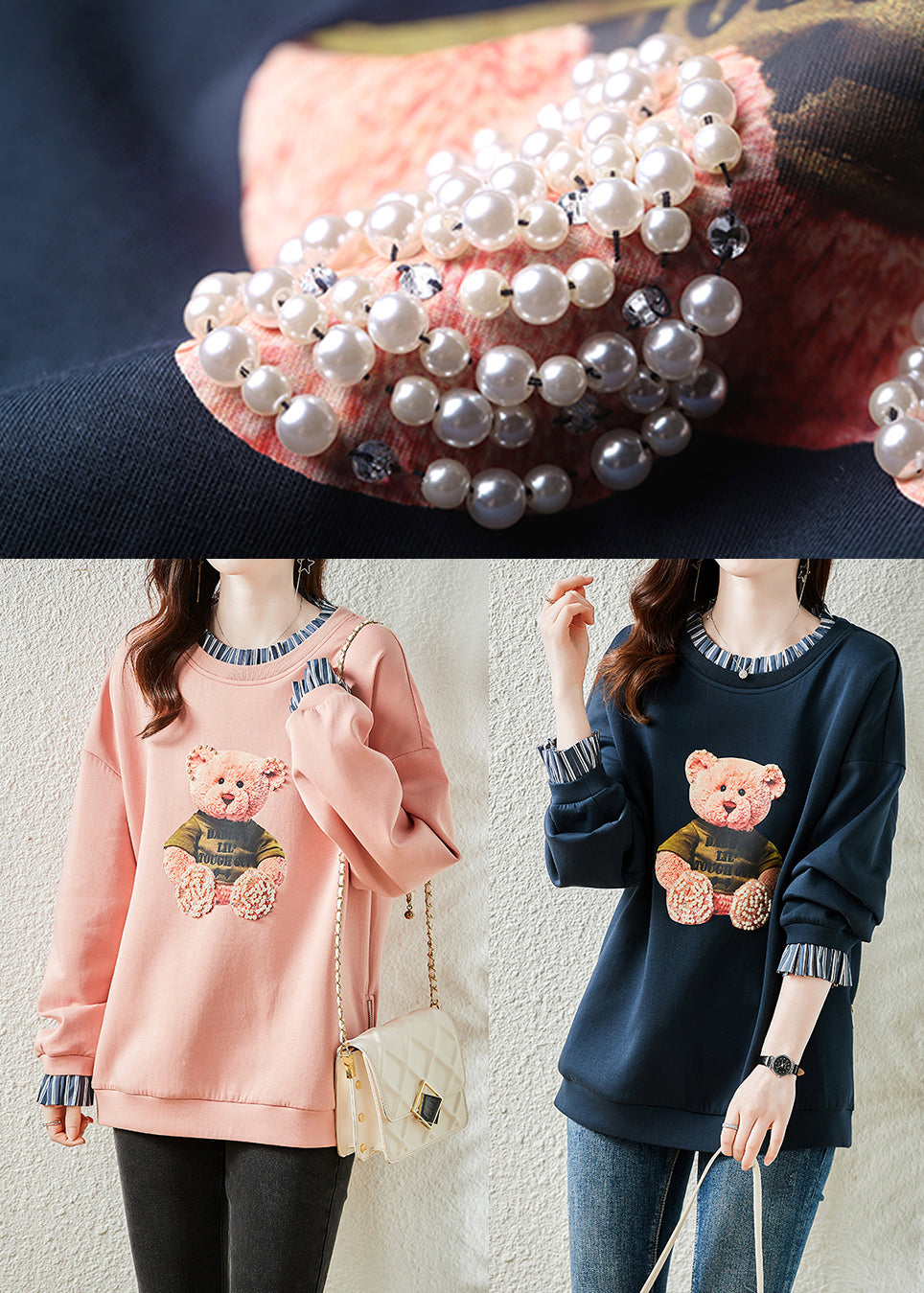 Pink Bear Patchwork Warm Fleece Sweatshirts Top Winter