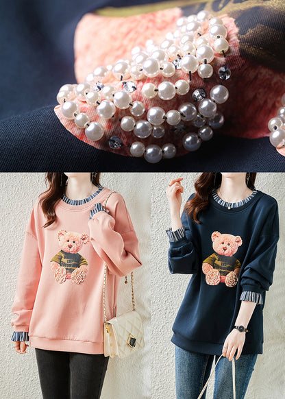 Pink Bear Patchwork Warm Fleece Sweatshirts Top Winter