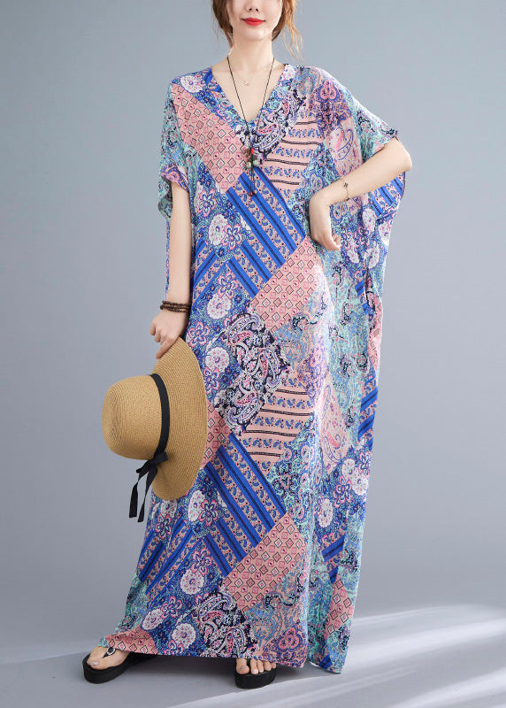 Pink Blue Print Cotton Beach Long Dresses Summer