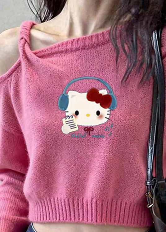 Pink Cold Shoulder Print Knit Short Sweater Winter