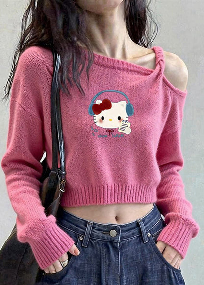 Pink Cold Shoulder Print Knit Short Sweater Winter