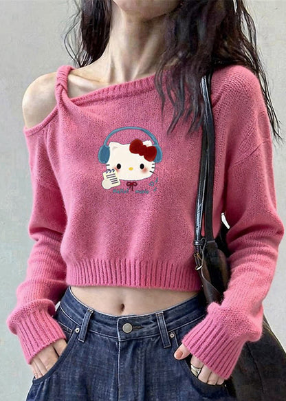 Pink Cold Shoulder Print Knit Short Sweater Winter