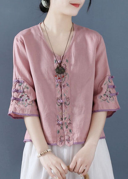 Pink Embroideried Button Shirts Half Sleeve
