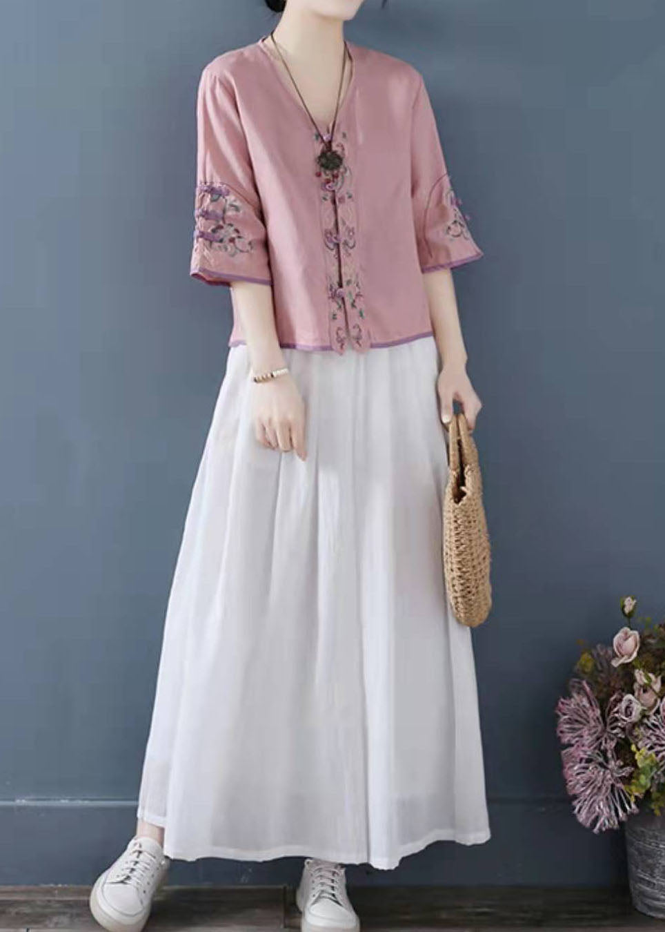 Pink Embroideried Button Shirts Half Sleeve
