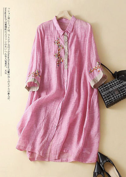White Flowers Embroidered Patchwork Linen Shirt Dress Summer