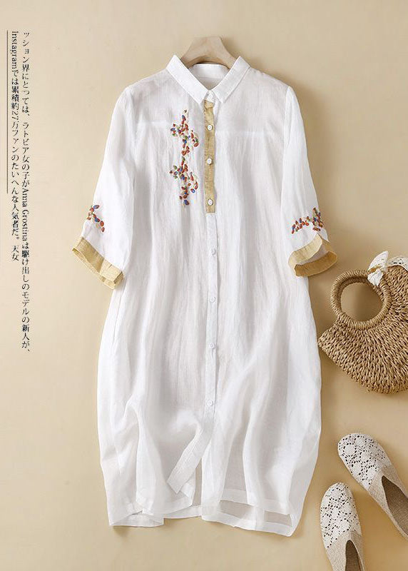 White Flowers Embroidered Patchwork Linen Shirt Dress Summer