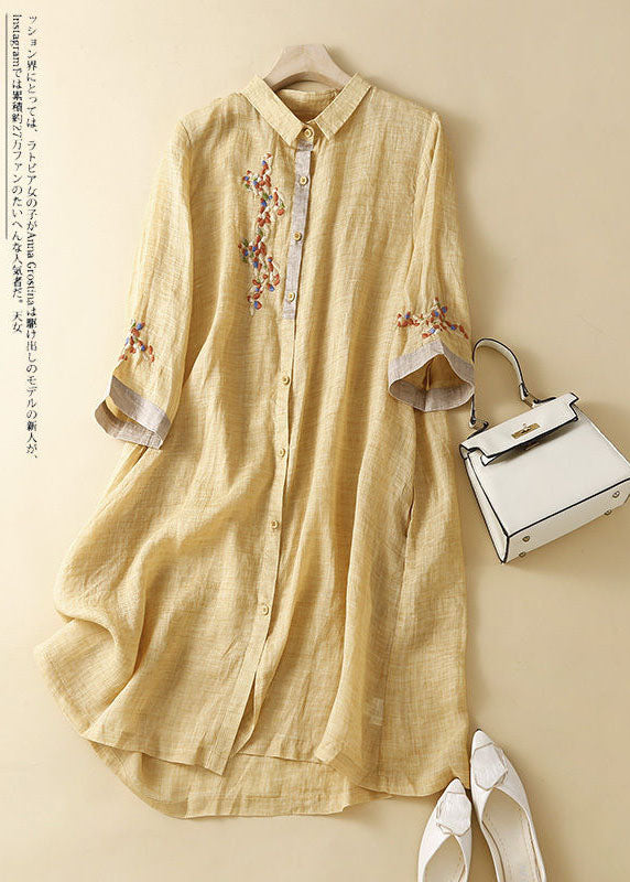 Pink Embroideried Patchwork Linen Shirt Dress Summer