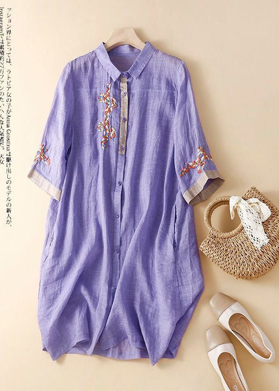 Green Polka Dots Embroidered Patchwork Linen Shirt Dress Summer