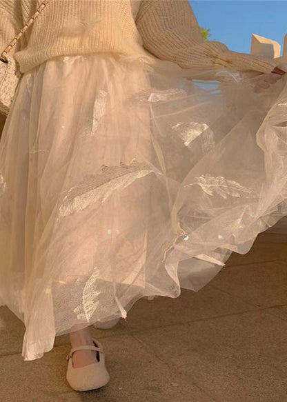Pink Feathers Embroidered Wrinkled Tulle Skirt Spring