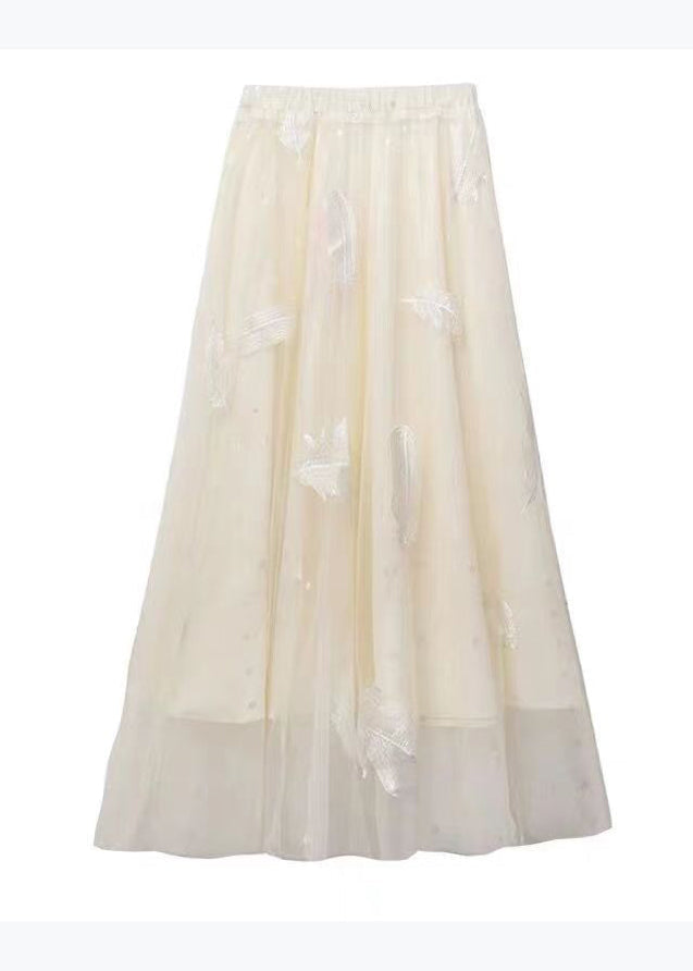 Pink Feathers Embroidered Wrinkled Tulle Skirt Spring