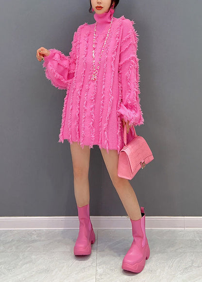 Pink Hign Neck Tassel Chunky Knit Sweater Winter