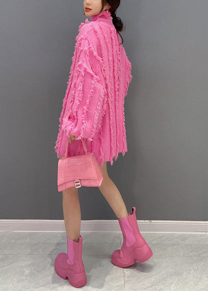 Pink Hign Neck Tassel Chunky Knit Sweater Winter