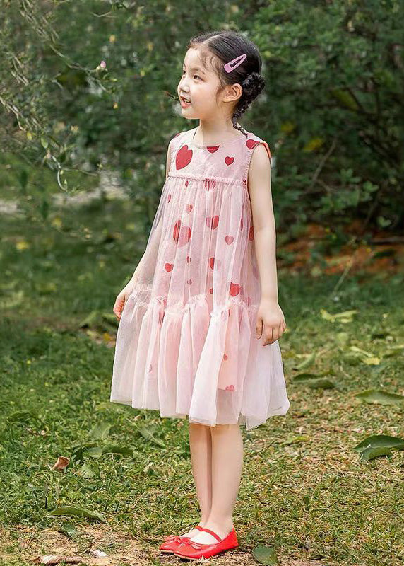 Pink Love Print Patchwork Wrinkled Tulle Kids Long Dresses Summer