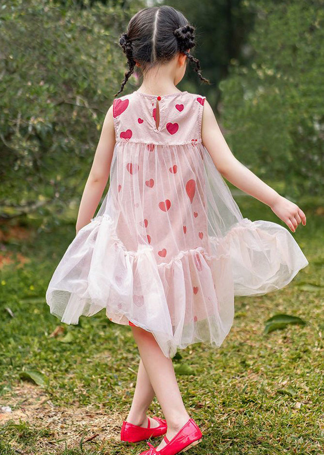 Pink Love Print Patchwork Wrinkled Tulle Kids Long Dresses Summer