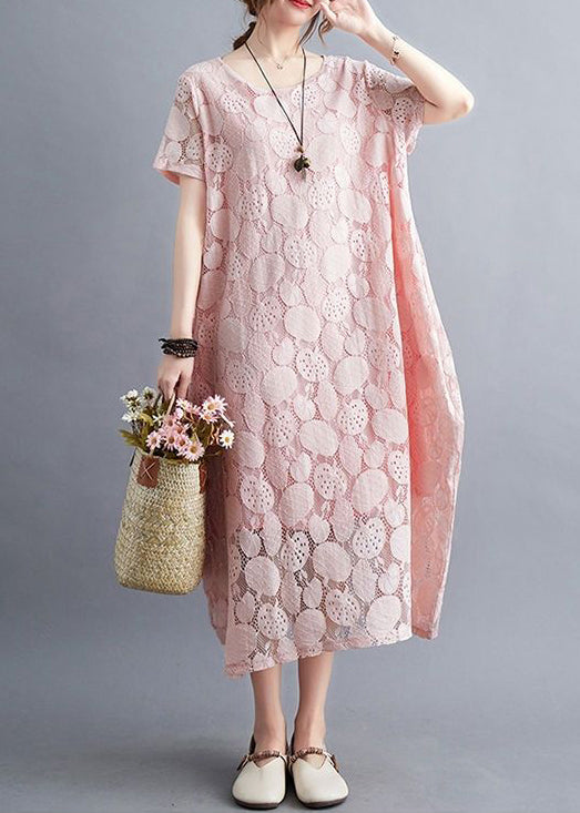 Pink O-neck Embroideried Lace Dress Summer
