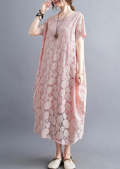 Pink O-neck Embroideried Lace Dress Summer