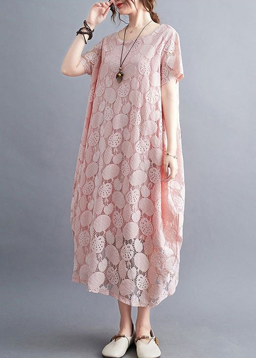Pink O-neck Embroideried Lace Dress Summer
