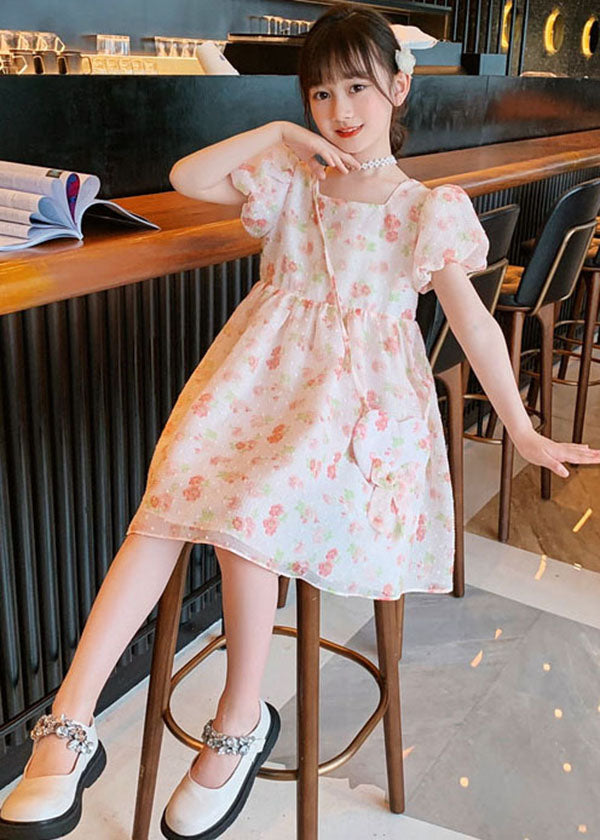 Pink O Neck Print Patchwork Chiffon Kids Princess Dress Summer