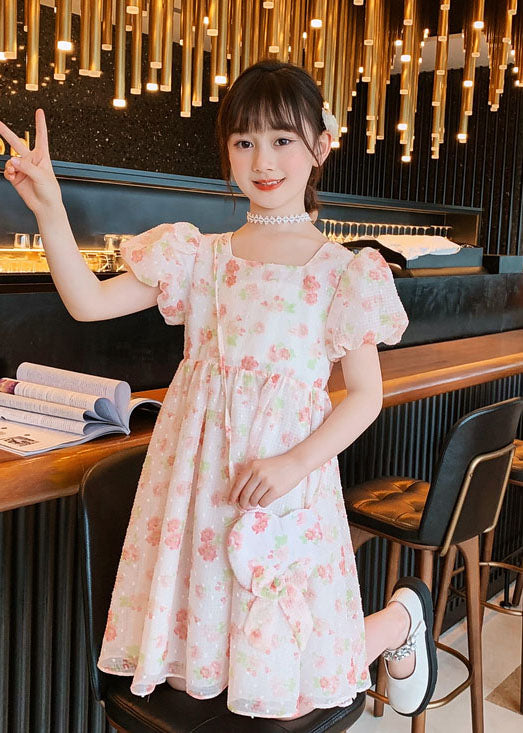 Pink O Neck Print Patchwork Chiffon Kids Princess Dress Summer