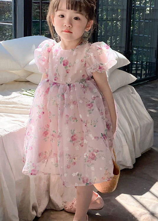 Pink O Neck Print Wrinkled Patchwork Tulle Kids Dresses Summer