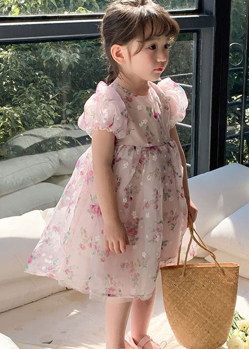 Pink O Neck Print Wrinkled Patchwork Tulle Kids Dresses Summer