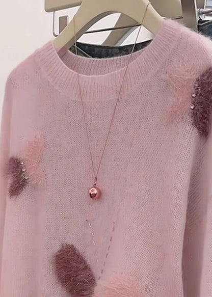 Pink Oversized Butterfly Knit Short Sweater Spring
