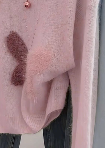 Pink Oversized Butterfly Knit Short Sweater Spring