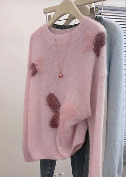 Pink Oversized Butterfly Knit Short Sweater Spring