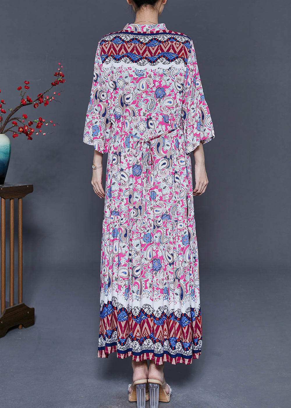 Pink Oversized Print Cotton Ankle Dress Summer
