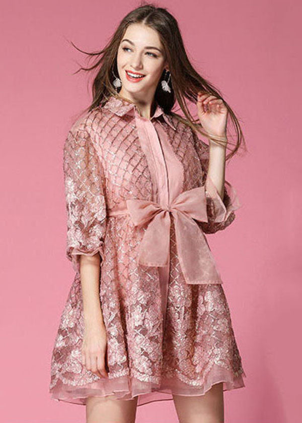 Pink Peter Pan Collar Bow Organza Day Dress Spring