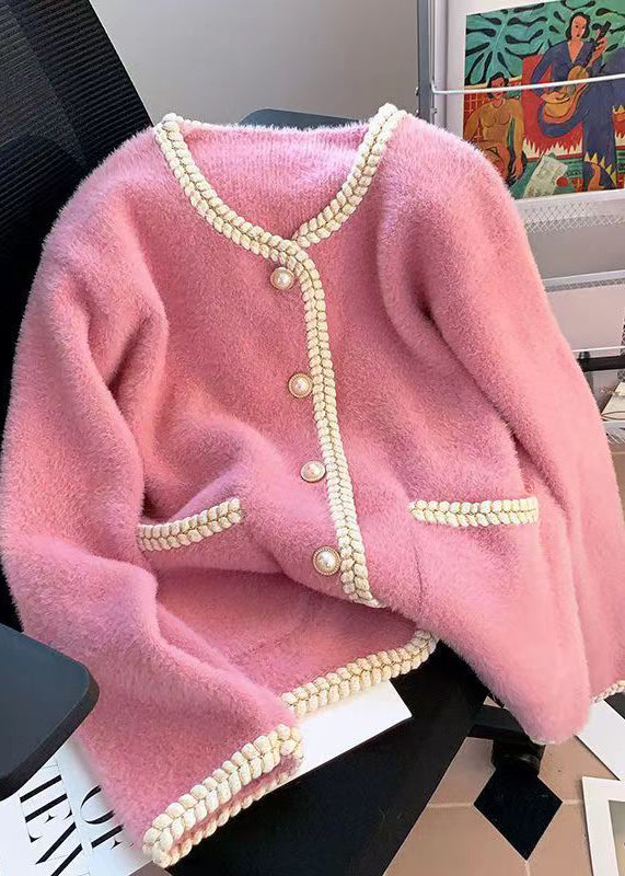 Pink Pockets Button Mink Hair Knitted Coat Spring