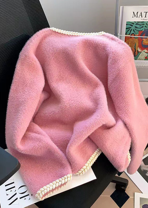 Pink Pockets Button Mink Hair Knitted Coat Spring
