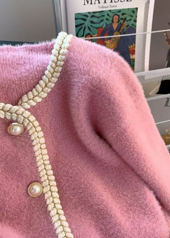 Pink Pockets Button Mink Hair Knitted Coat Spring