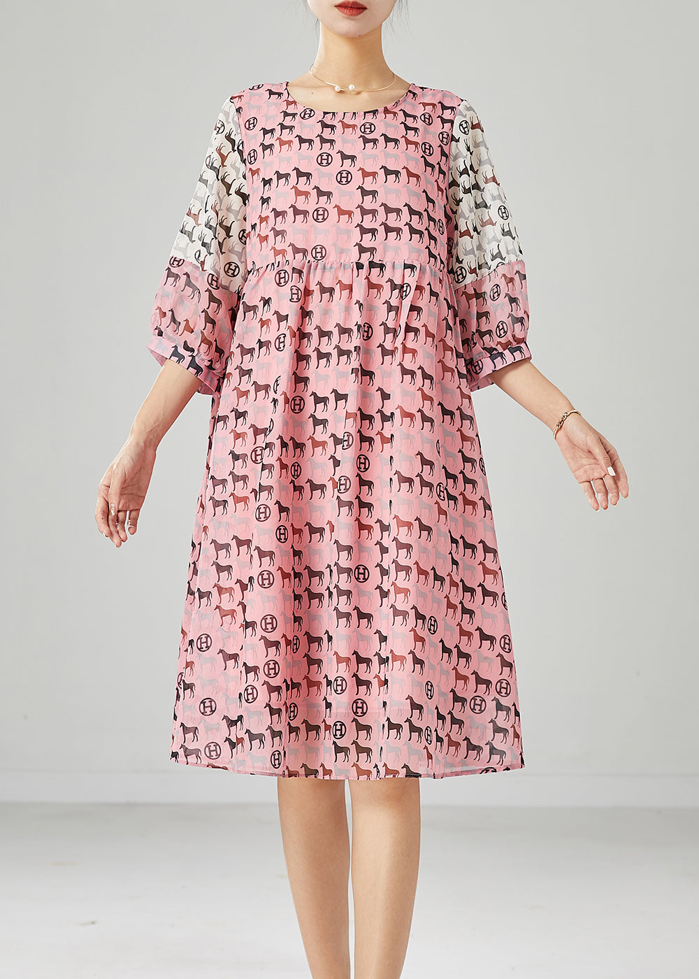 Pink Pony Print Patchwork Chiffon Dress Summer