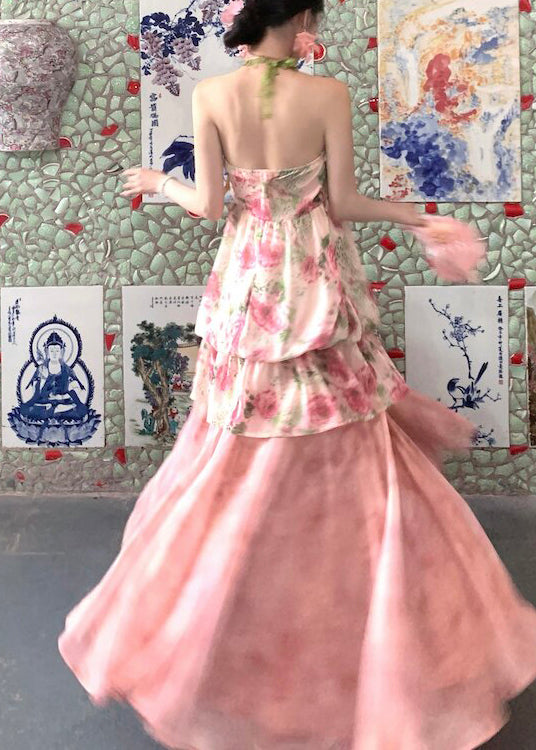 Pink Print Draping Chiffon Two Pieces Set Summer