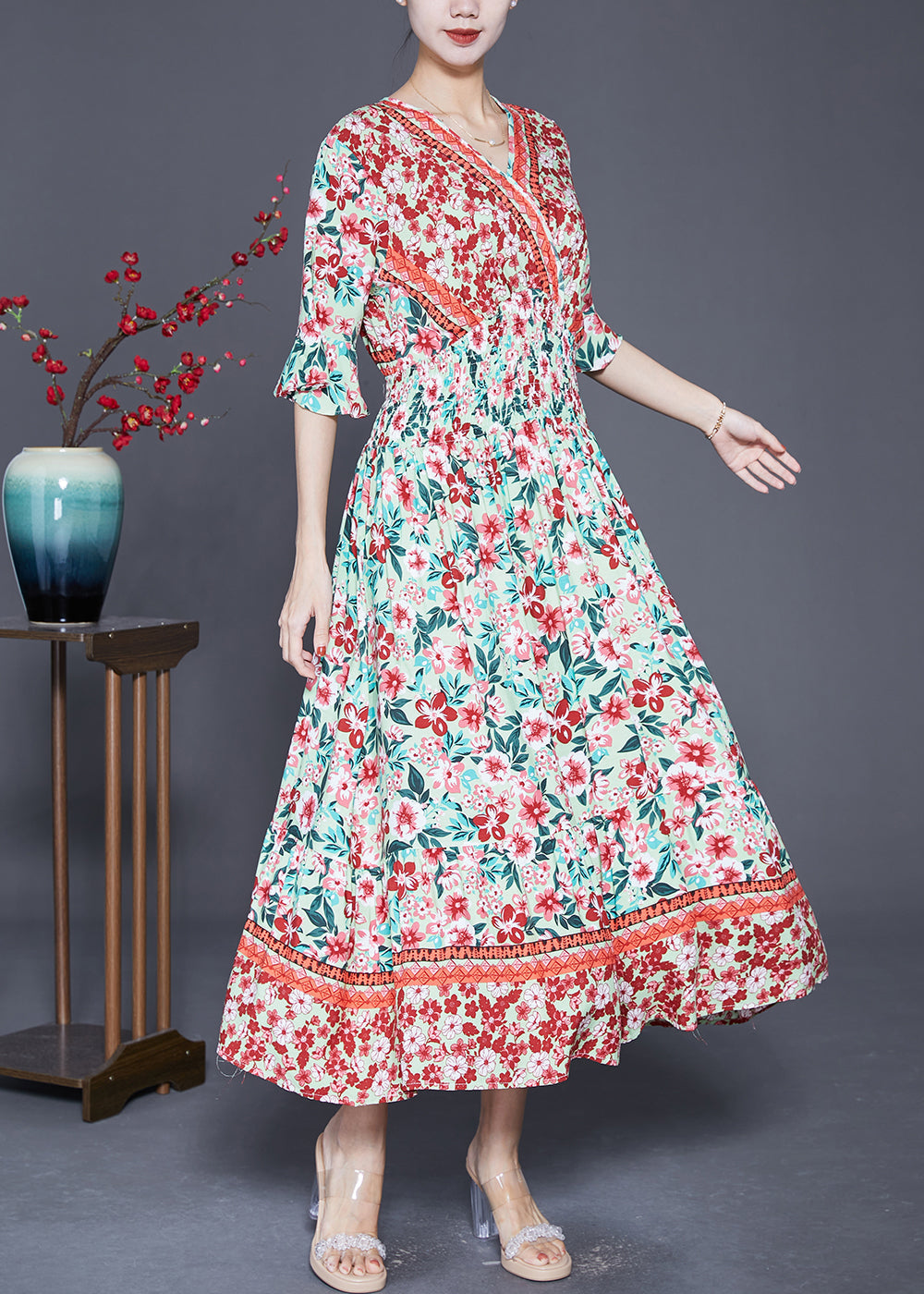 Pink Print Exra Large Hem Cotton Maxi Dresses Summer