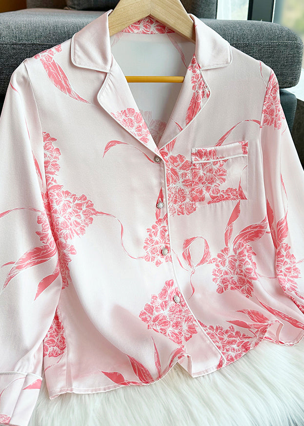 Pink Print Silk Shirts and Straight Pants Two Pieces Set Long Sleeve