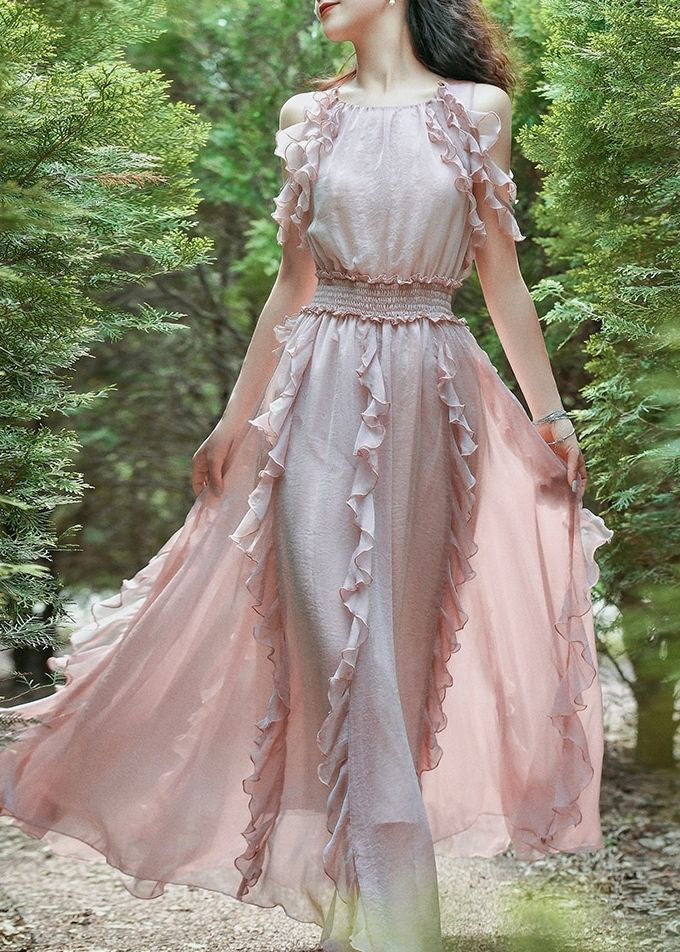 Pink Ruffled Patchwork Cold Shoulder Chiffon Dress Summer