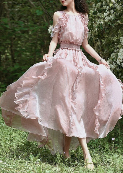Pink Ruffled Patchwork Cold Shoulder Chiffon Dress Summer