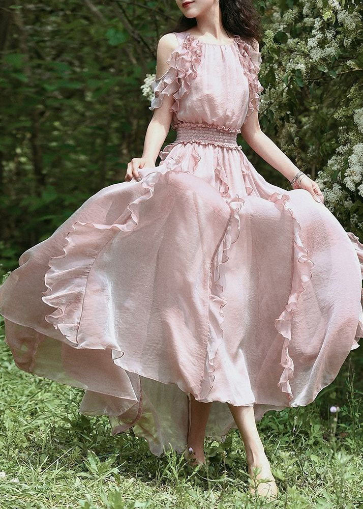 Pink Ruffled Patchwork Cold Shoulder Chiffon Dress Summer