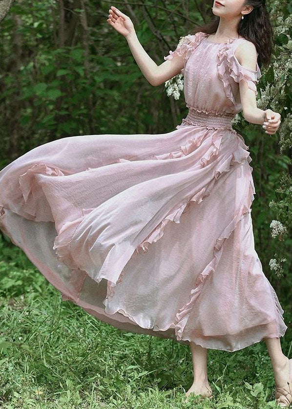 Pink Ruffled Patchwork Cold Shoulder Chiffon Dress Summer