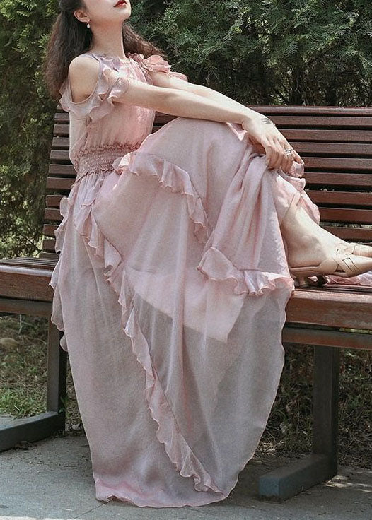 Pink Ruffled Patchwork Cold Shoulder Chiffon Dress Summer