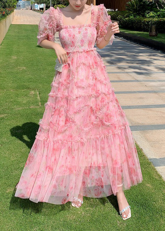Pink Ruffled Patchwork Print Tulle Holiday Dress Summer