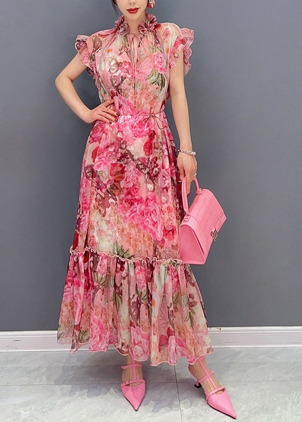 Pink Ruffled Print Patchwork Dress Sets 2 Pieces Summer